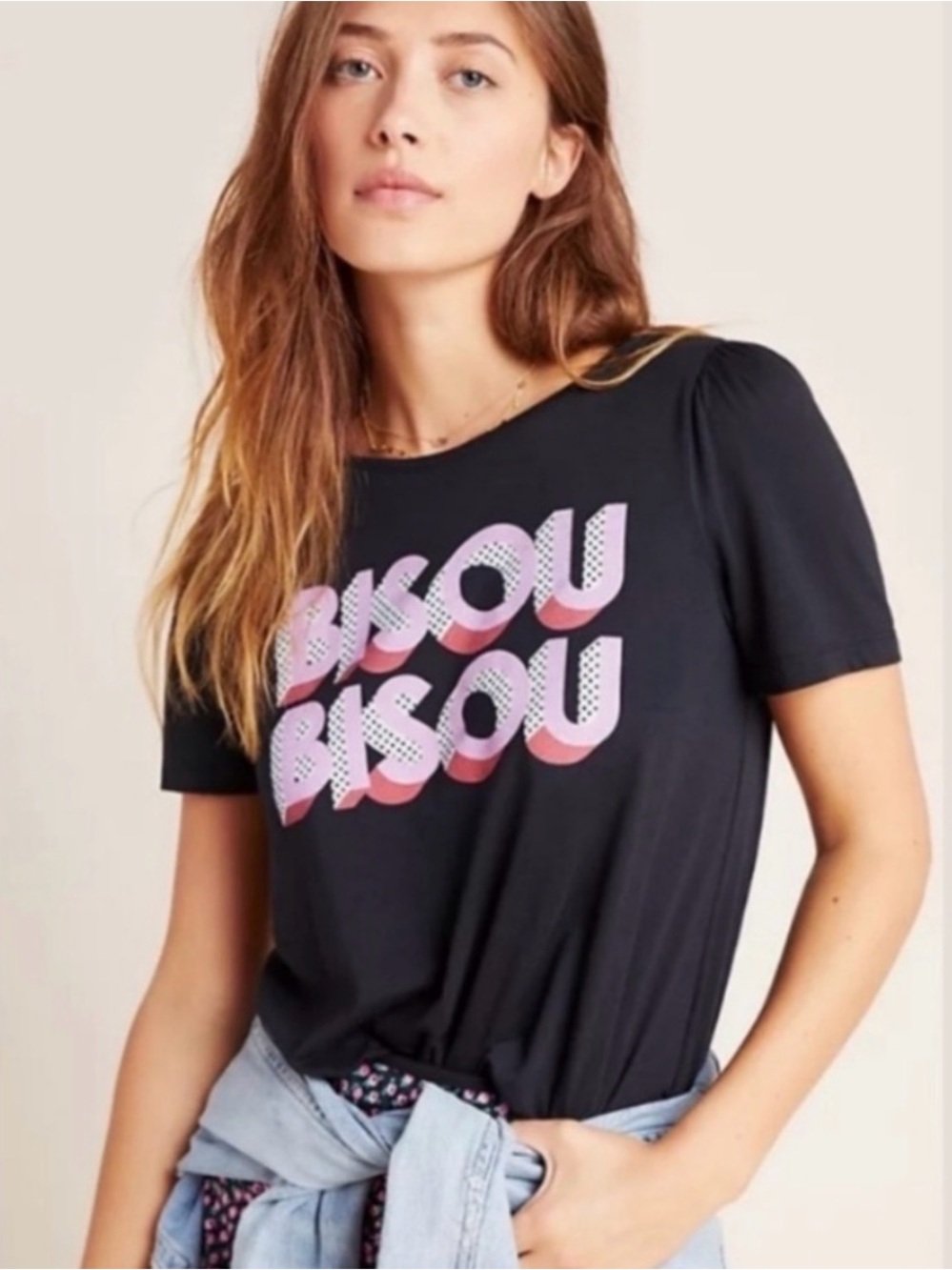 Anthropologie Black Tee with Pink 'BISOU BISOU' Graphic